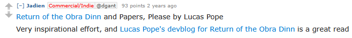 A reddit post (a bad thing) nominating The Return of the Obra Dinn (a good game)
