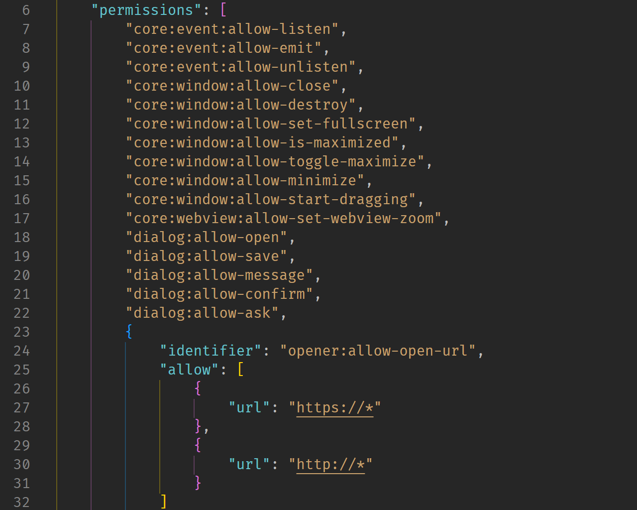 A screenshot of the Tauri permissions system