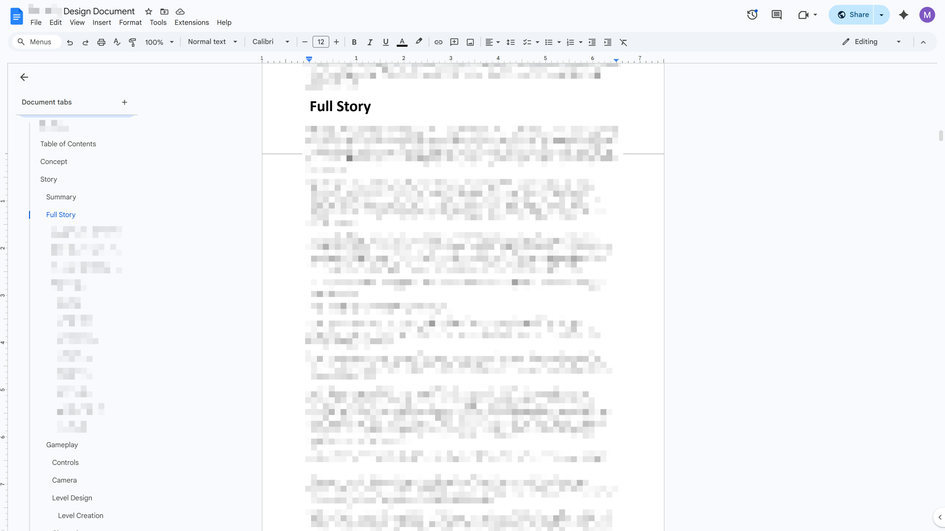 A screenshot of our design document for the game