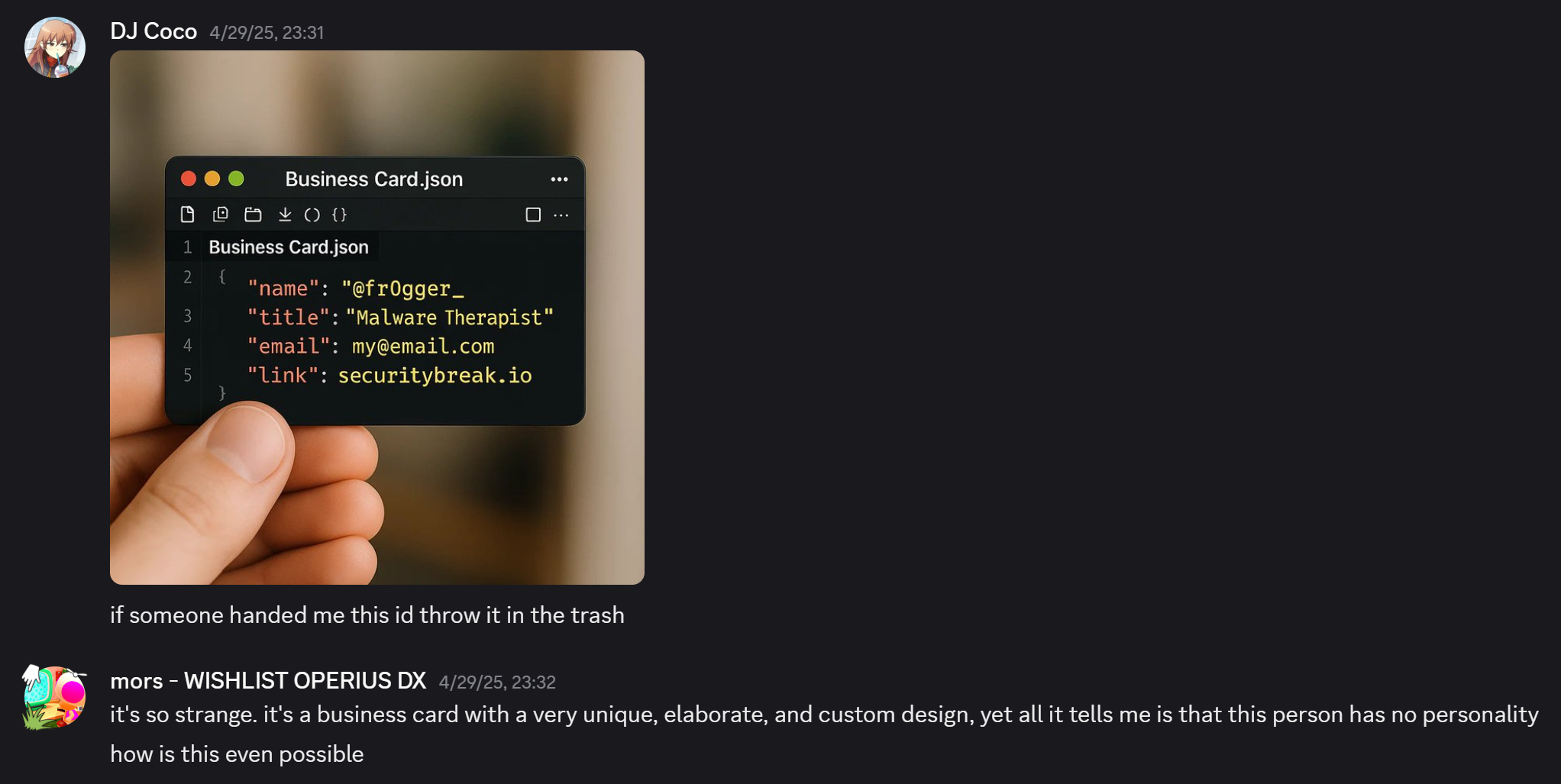 A business card that's made to look like a VS Code window, a code editor.