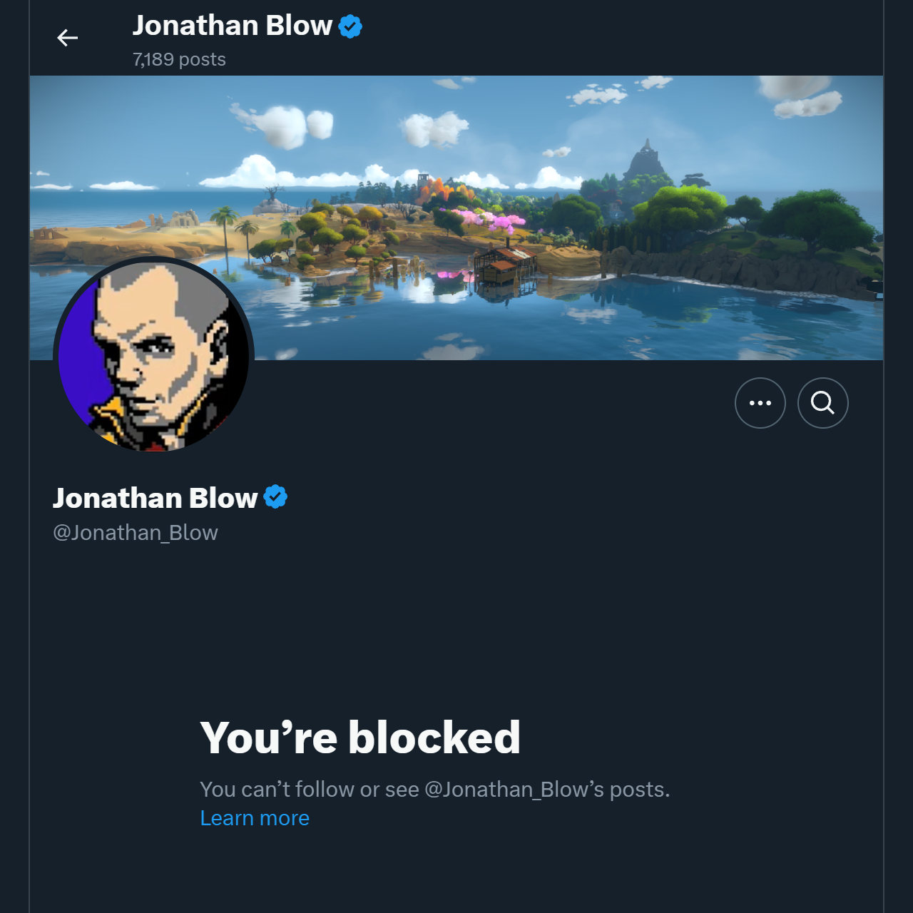 A screenshot showing that I'm blocked by Jonathan Blow on X.